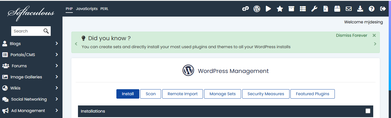 واجهة WordPress Management وفيها زر Install لتثبيت ووردبريس تلقائيا