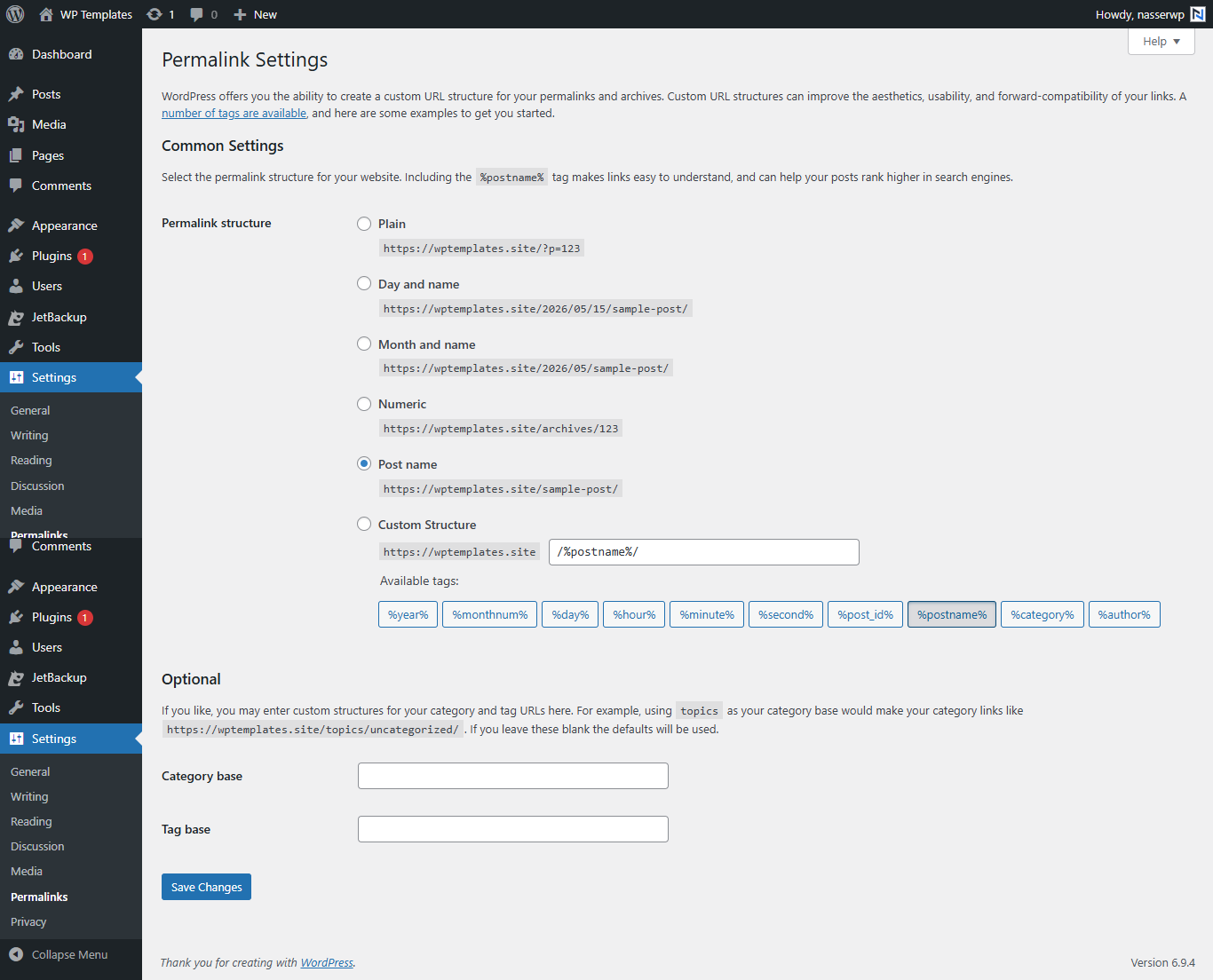 صفحة Permalink Settings في ووردبريس واختيار Post name